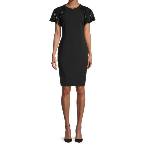 Calvin Klein Black Sequin Flutter Sleeve Midi Sheath Dress 14 NWT - Picture 2 of 9